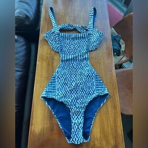 Mara Hoffman One Piece Square Neck Swimsuit, Blue & White, Est. Size XS